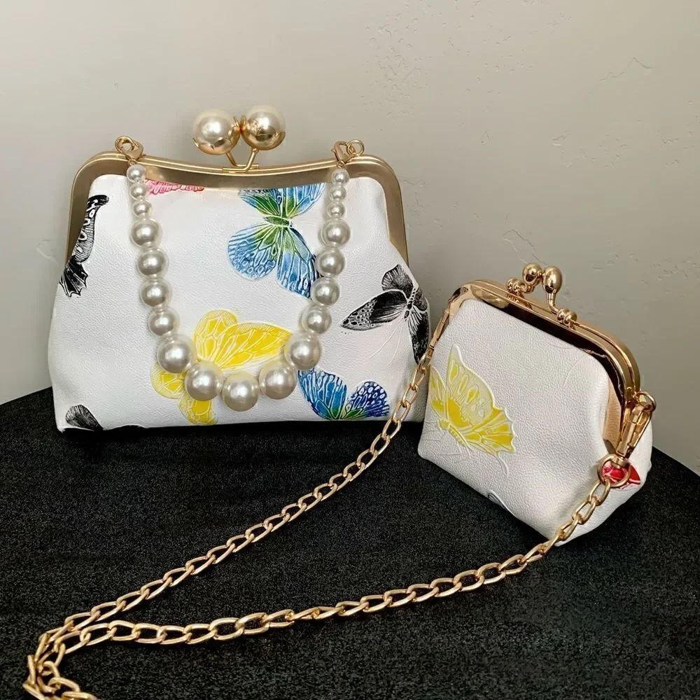 Handmade Genuine Leather Butterfly Embossed Kisslock Clutch with Small Purse Set